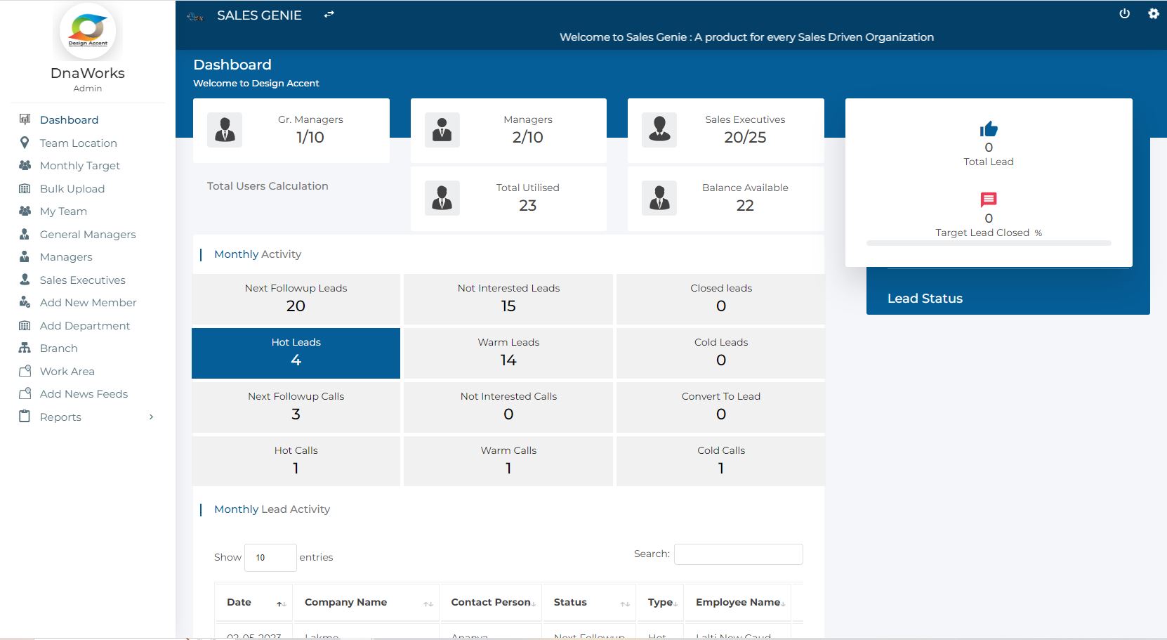 screenshot of Sales Genie